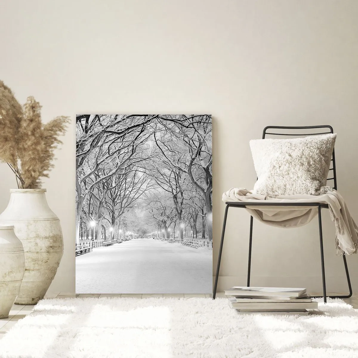 Glasbild - Bild auf glas - Winterbaumallee im Park mit Lichtern und Schnee - 50x70cm - Vier Jahreszeiten - Winter - Moderne Wanddekoration für Wohnzimmer und Schlafzimmer ARTTOR