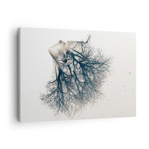 Bild auf Leinwand - Leinwandbild - Kreative Silhouette einer Frau und Bäume - 70x50cm - Dem Rauschen der Bäume lauschen - Moderne Wanddekoration für Wohnzimmer und Schlafzimmer ARTTOR