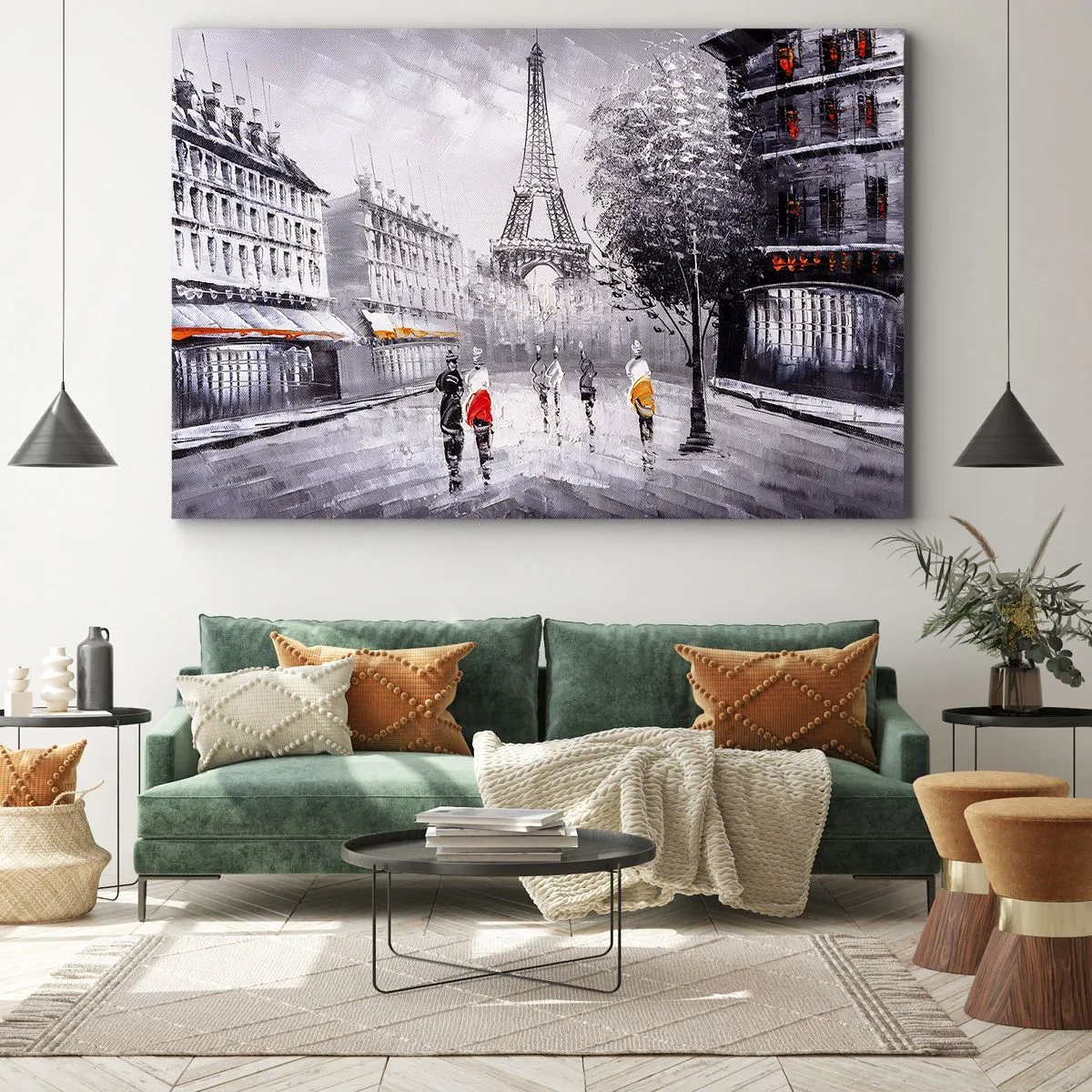 Bild auf Leinwand - Leinwandbild - Ein Blick auf den Eiffelturm in einer monochromen Umgebung mit Farbakzenten - 120x80cm - Pariser Spaziergang - Moderne Wanddekoration für Wohnzimmer und Schlafzimmer ARTTOR