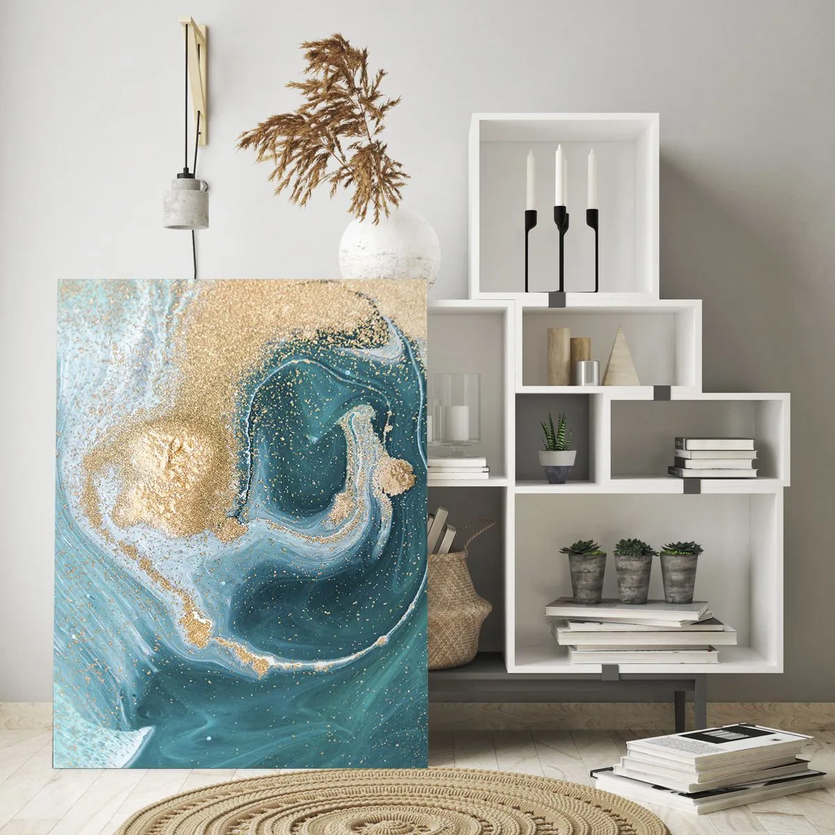 Glasbild - Bild auf glas - Gold auf türkisfarbenen Wellen im abstrakten Stil - 50x70cm - Ein Strudel aus Gold und Türkis - Moderne Wanddekoration für Wohnzimmer und Schlafzimmer ARTTOR