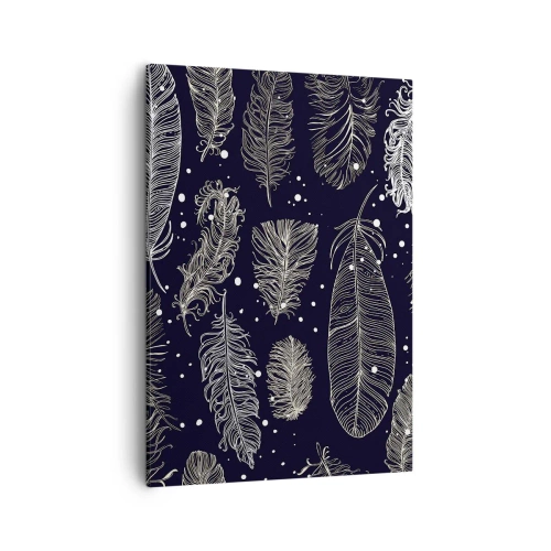 Bild auf Leinwand - Leinwandbild - Zarte weiße Federn auf marineblauem Hintergrund - 50x70cm - Gefiederte Spitze - Moderne Wanddekoration für Wohnzimmer und Schlafzimmer ARTTOR