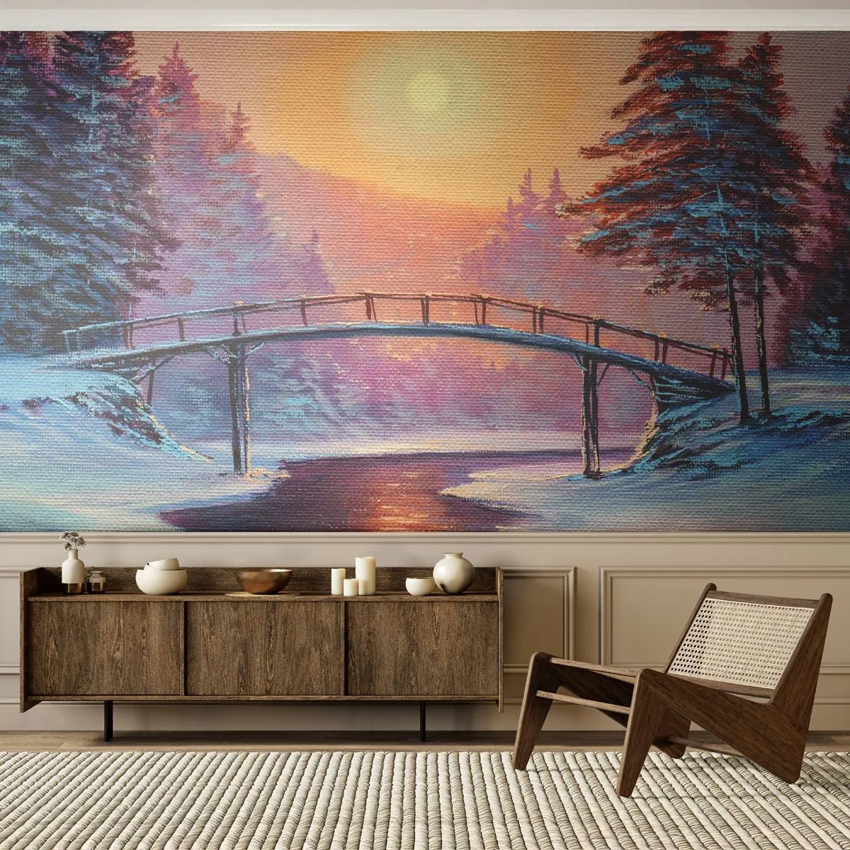 Fototapete Premium Sand - Winterlandschaft mit Brücke und untergehender Sonne - 100x70cm - Vier Jahreszeiten - Winter - Moderne Wanddekoration für Wohnzimmer und Schlafzimmer ARTTOR