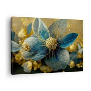 Bild auf Leinwand - Leinwandbild - Elegante Blumen in Blau- und Goldtönen - 70x50cm - Mit Gold blühen - Moderne Wanddekoration für Wohnzimmer und Schlafzimmer ARTTOR