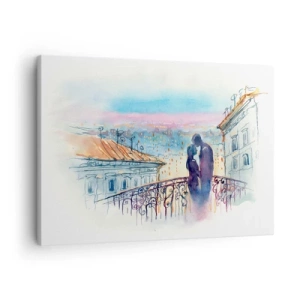 Bild auf Leinwand - Leinwandbild - Romantisches Paar auf einem Balkon mit Blick auf die Stadt - 70x50cm - Paris-Liebhaber - Moderne Wanddekoration für Wohnzimmer und Schlafzimmer ARTTOR