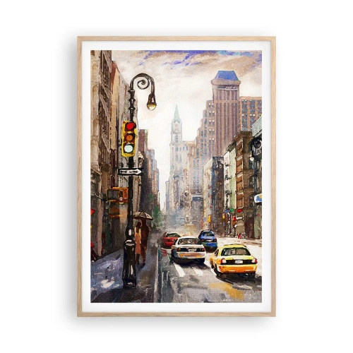Poster in einem Rahmen aus heller Eiche - New York - auch im Regen bunt - 70x100 cm