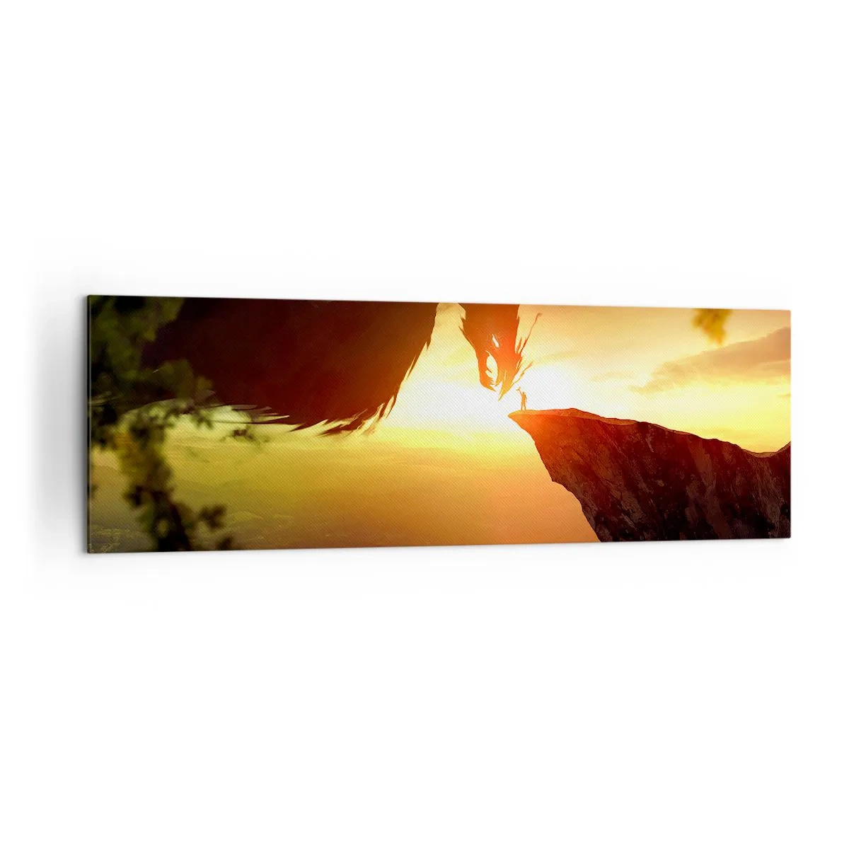 Bild auf Leinwand - Leinwandbild - Ein Drache und ein Mann auf einem Felsen im Schein der untergehenden Sonne - 160x50cm - Drachentöter - Moderne Wanddekoration für Wohnzimmer und Schlafzimmer ARTTOR