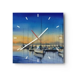 Wanduhr - Glasuhr - Yachthafen bei Sonnenuntergang mit Spiegelungen auf dem Wasser - 30x30cm - Ende eines guten Tages - Moderne Wanddekoration für Wohnzimmer und Schlafzimmer ARTTOR