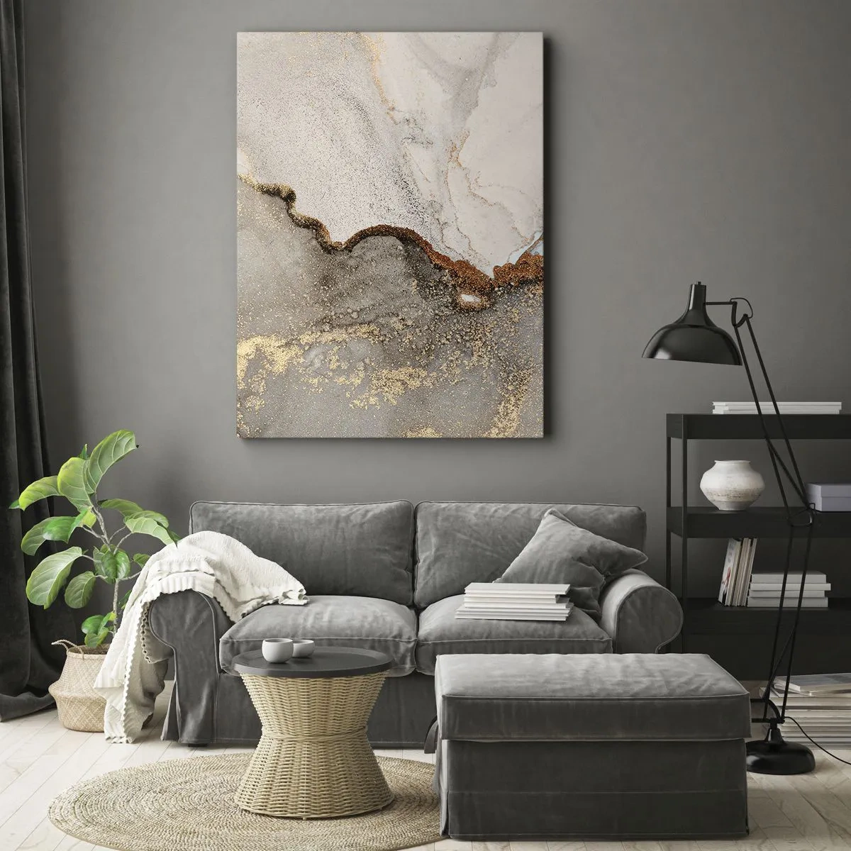 Bild auf Leinwand - Leinwandbild - Abstraktes Motiv mit Gold- und Grautönen - 70x100cm - An der Grenze der Farben - Moderne Wanddekoration für Wohnzimmer und Schlafzimmer ARTTOR