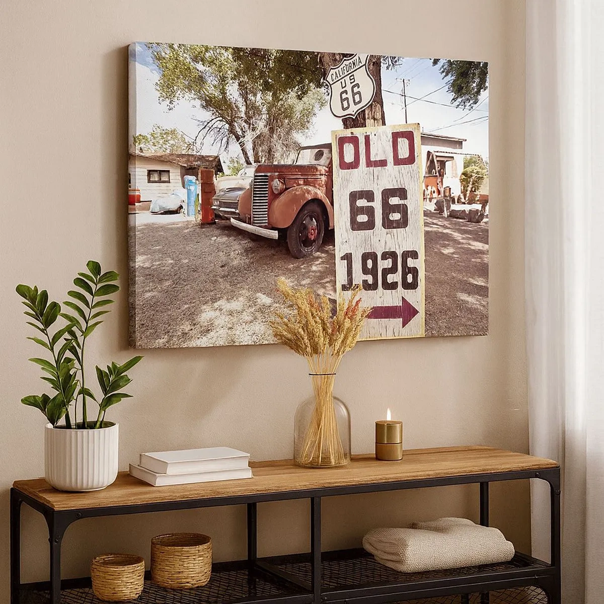 Bild auf Leinwand - Leinwandbild - Retro-Auto und Route 66-Schild in rustikalem Ambiente - 70x50cm - Die Legende der amerikanischen Provinz - Moderne Wanddekoration für Wohnzimmer und Schlafzimmer ARTTOR