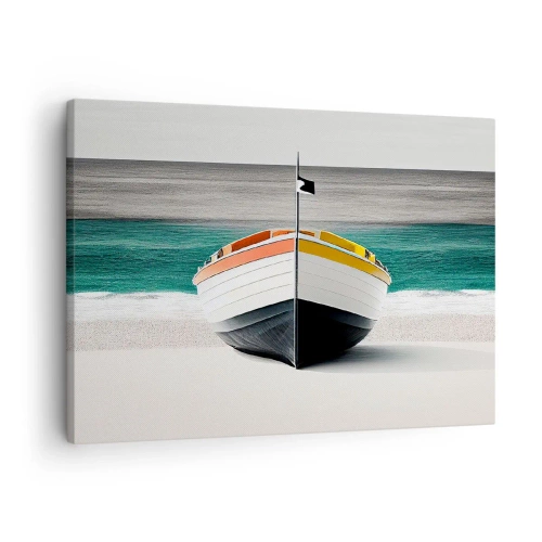 Bild auf Leinwand - Leinwandbild - Ein Boot am Strand mit türkisfarbenem Meer im Hintergrund - 70x50cm - An seinem Platz - Moderne Wanddekoration für Wohnzimmer und Schlafzimmer ARTTOR