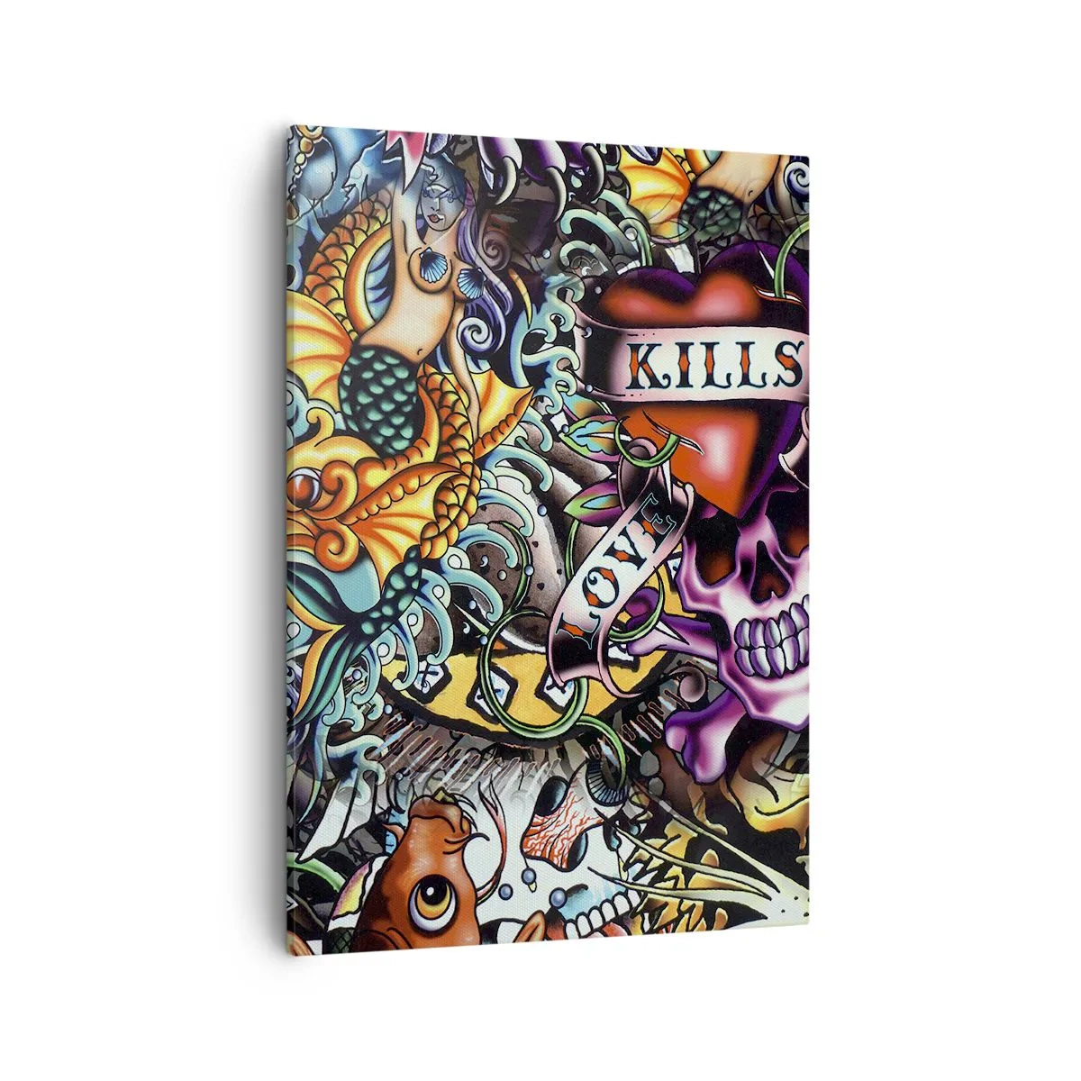 Bild auf Leinwand - Leinwandbild - Farbenfrohe Kunstwerke im Tattoo-Stil mit Totenköpfen und nautischen Motiven - 50x70cm - Der Traum des Tätowierers - Moderne Wanddekoration für Wohnzimmer und Schlafzimmer ARTTOR