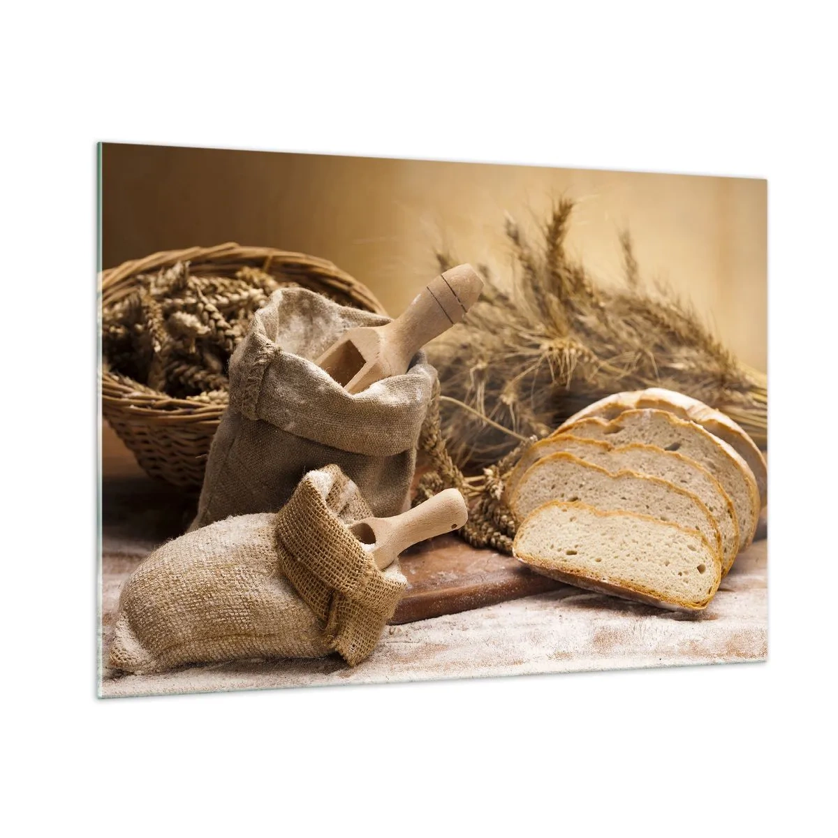 Glasbild - Bild auf glas - Brot, Mehl und Ähren im rustikalen Stil - 100x70cm - Wie mit einem Messer geschnitten - Moderne Wanddekoration für Wohnzimmer und Schlafzimmer ARTTOR