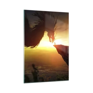 Glasbild - Bild auf glas - Ein Drache und ein Mann auf einem Felsen im Schein der untergehenden Sonne - 80x120cm - Drachentöter - Moderne Wanddekoration für Wohnzimmer und Schlafzimmer ARTTOR