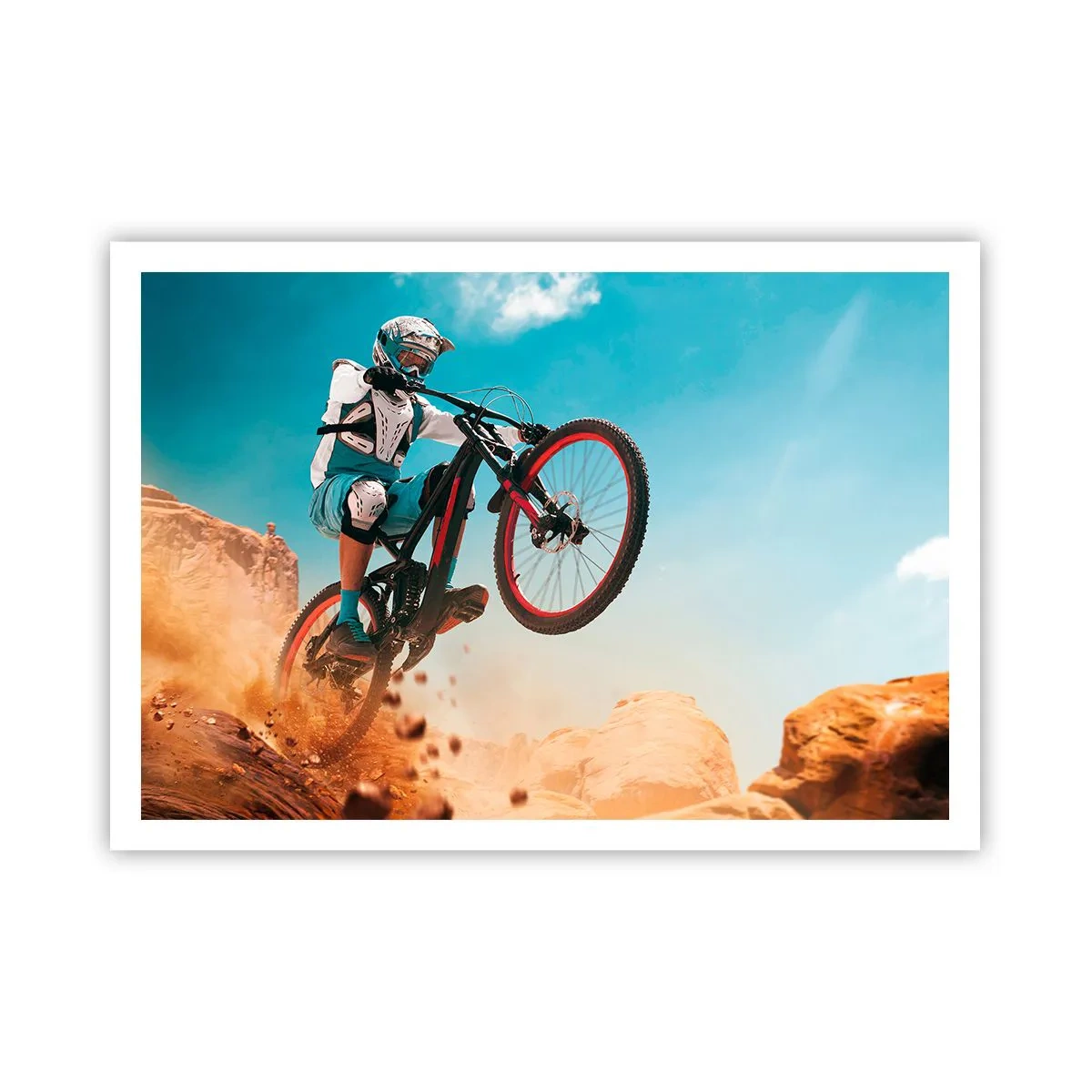 Poster - Ein Mountainbiker macht einen Sprung vor einer Felskulisse - 100x70cm - Fahrrad-Wahnsinn-Dämon - Moderne Wanddekoration für Wohnzimmer und Schlafzimmer ARTTOR