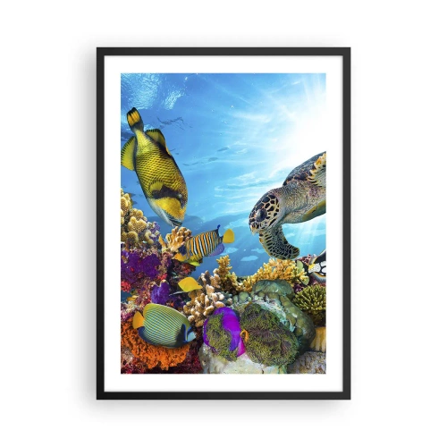 Poster in einem schwarzem Rahmen - Buntes Meeresleben mit Fischen und Schildkröten in tropischen Gewässern - 50x70cm - Korallenpromenade - Moderne Wanddekoration für Wohnzimmer und Schlafzimmer ARTTOR