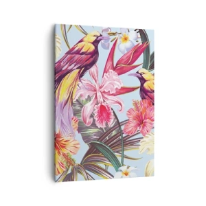 Bild auf Leinwand - Leinwandbild - Exotische Vögel zwischen tropischen Blumen - 50x70cm - Blütenblätter und Federn - Moderne Wanddekoration für Wohnzimmer und Schlafzimmer ARTTOR