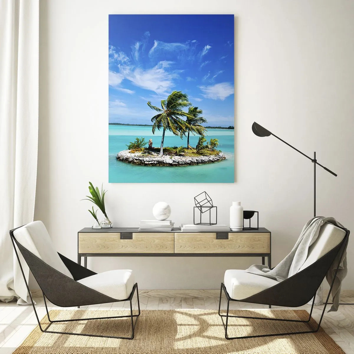Glasbild - Bild auf glas - Eine exotische Insel mit Palmen auf türkisfarbenem Wasser - 80x120cm - Ein Paradies auf Erden - Moderne Wanddekoration für Wohnzimmer und Schlafzimmer ARTTOR