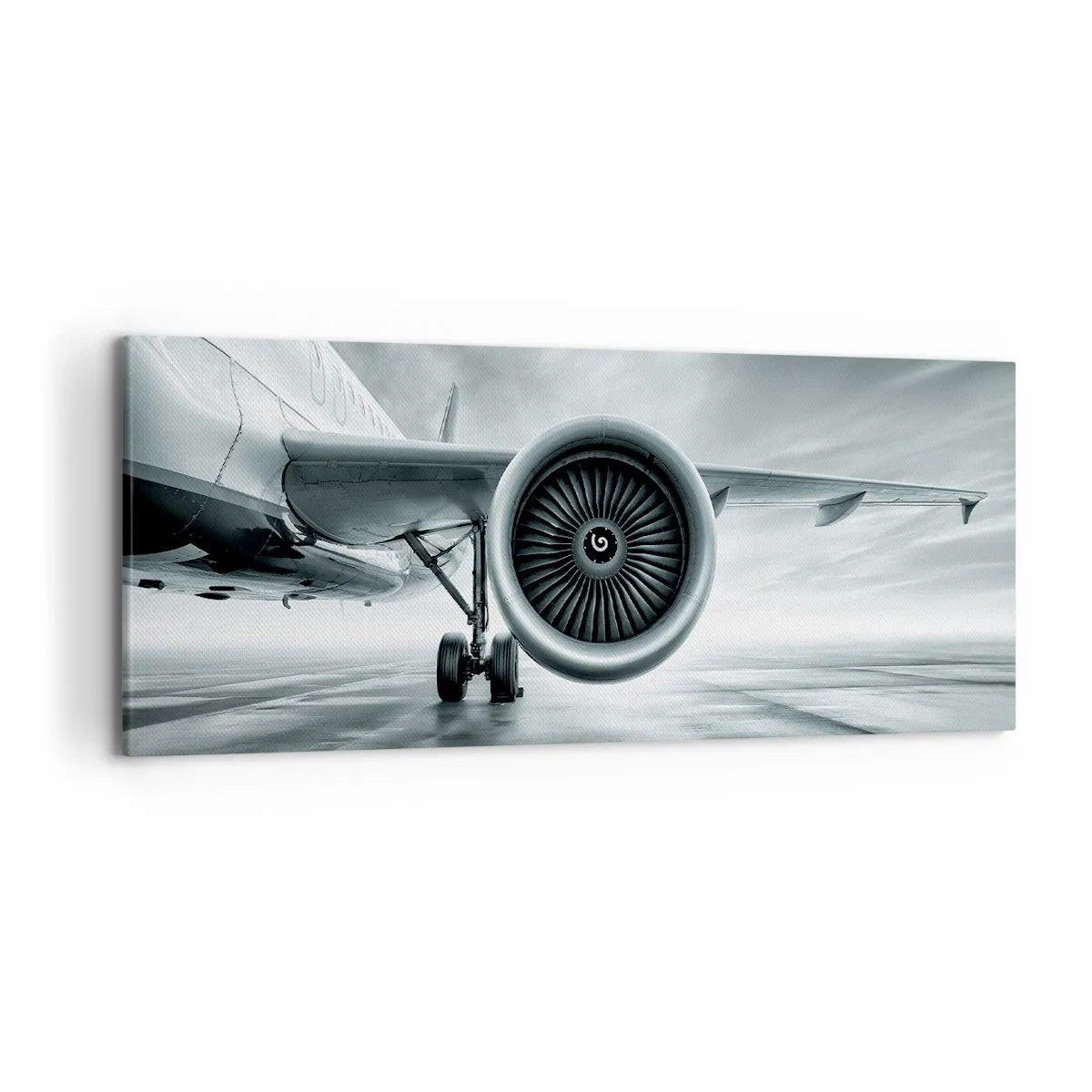 Bild auf Leinwand - Leinwandbild - Das Düsentriebwerk eines Flugzeugs auf dem Rollfeld - 120x50cm - Die Macht ist da! - Moderne Wanddekoration für Wohnzimmer und Schlafzimmer ARTTOR