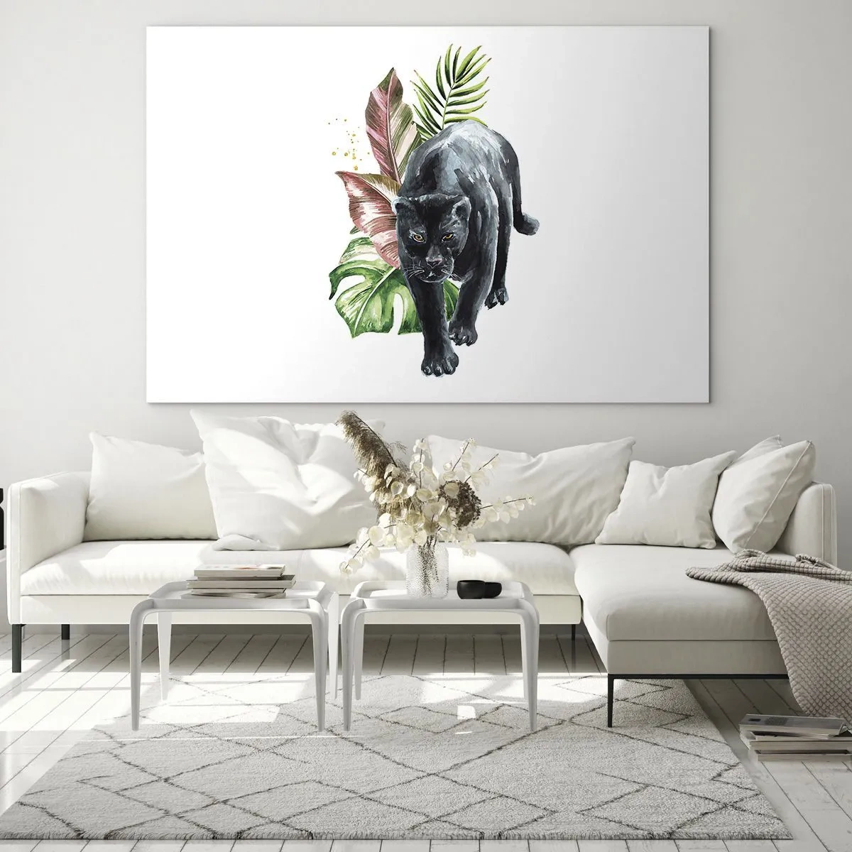 Glasbild - Bild auf glas - Schwarzer Panther auf einem Hintergrund aus tropischen Blättern im Aquarellstil - 70x50cm - Wildheit des Herzens - Moderne Wanddekoration für Wohnzimmer und Schlafzimmer ARTTOR