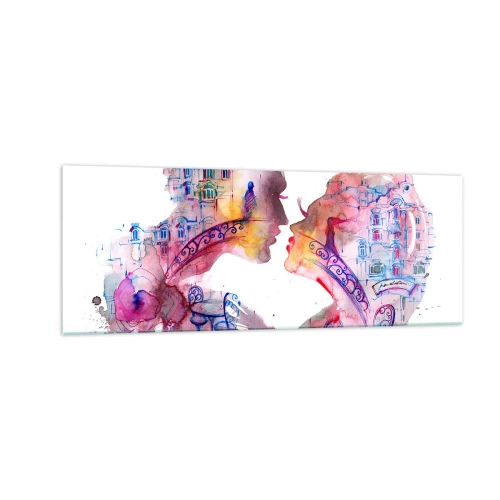 Glasbild - Bild auf glas - Ein romantisches Aquarell, das die Silhouetten von Liebenden darstellt - 140x50cm - Die geheime Seufzerbrücke - Moderne Wanddekoration für Wohnzimmer und Schlafzimmer ARTTOR