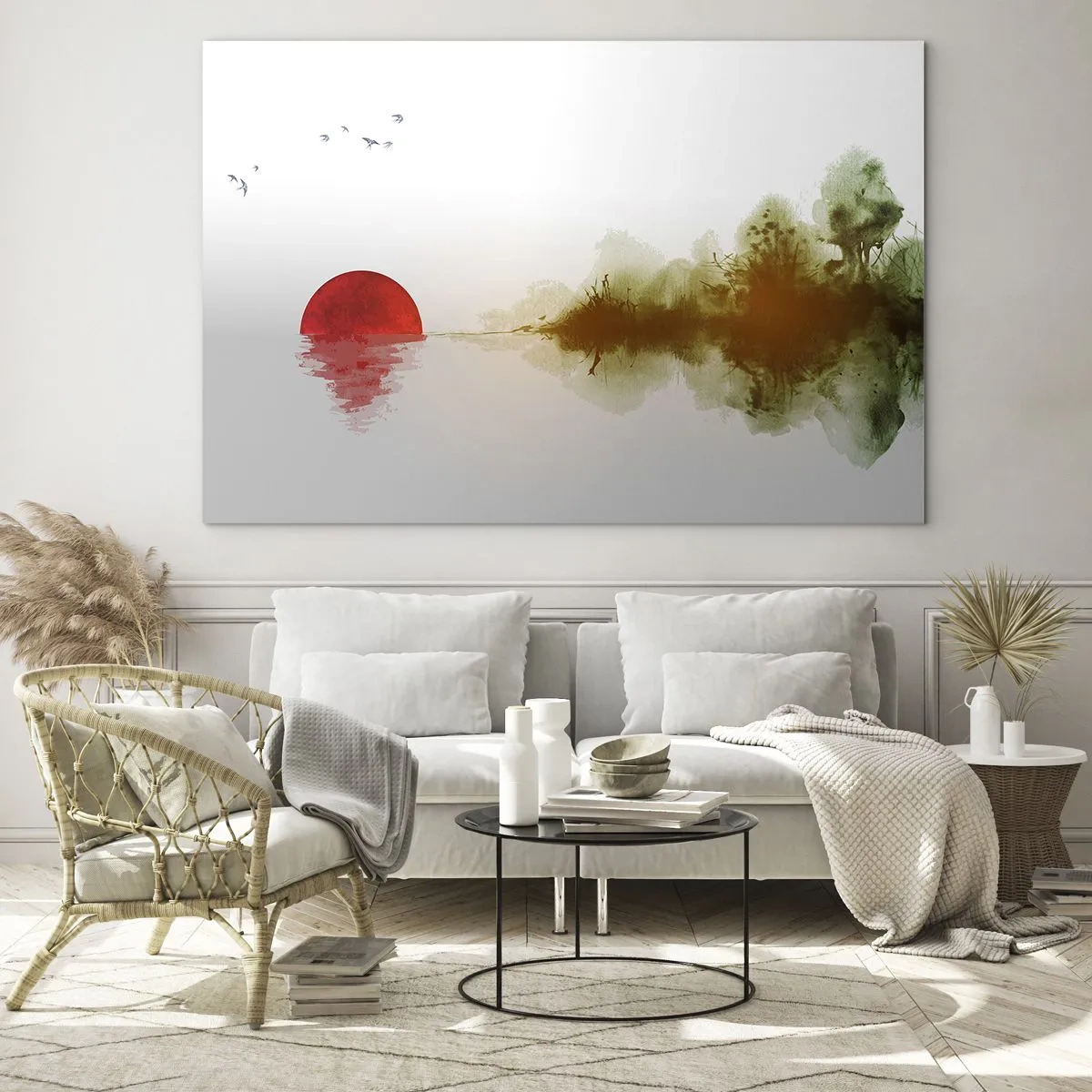 Glasbild - Bild auf glas - Rote Sonne über dem Wasser und dem Waldumriss - 70x50cm - Versprechen der Ruhe - Moderne Wanddekoration für Wohnzimmer und Schlafzimmer ARTTOR
