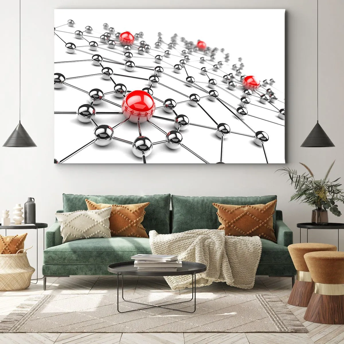 Bild auf Leinwand - Leinwandbild - Ein Netzwerk aus metallischen Kugeln mit roten Akzenten - 100x70cm - Silbriges Netz - Moderne Wanddekoration für Wohnzimmer und Schlafzimmer ARTTOR