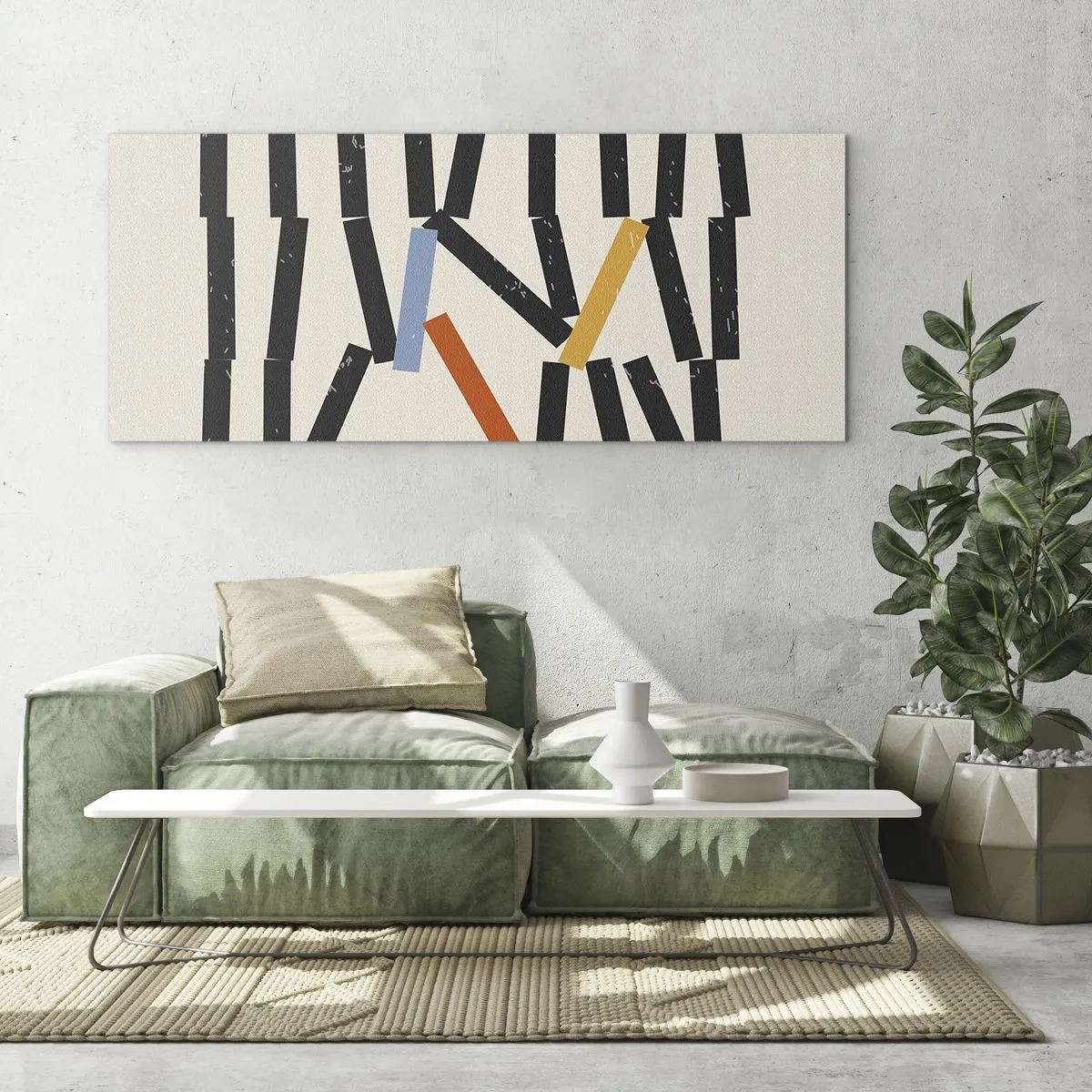 Glasbild - Bild auf glas - Abstrakte Komposition mit farbigen und schwarzen Rechtecken - 160x50cm - Domino – Komposition - Moderne Wanddekoration für Wohnzimmer und Schlafzimmer ARTTOR