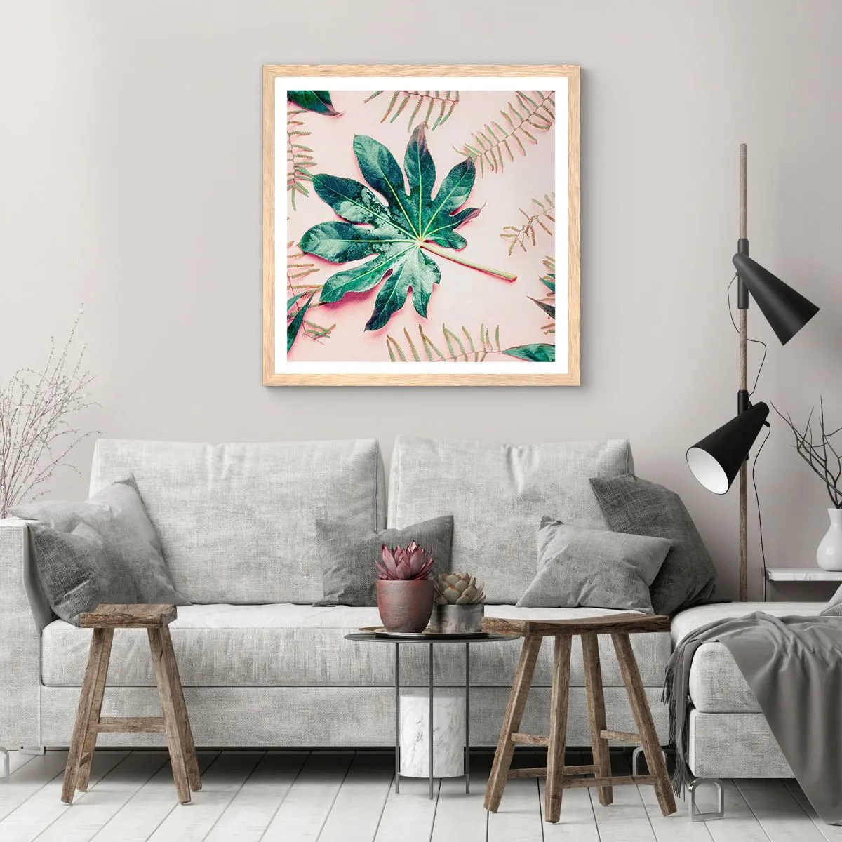 Poster in einem Rahmen aus heller Eiche - Eine Studie von Grün auf einem rosa Hintergrund - 30x30 cm