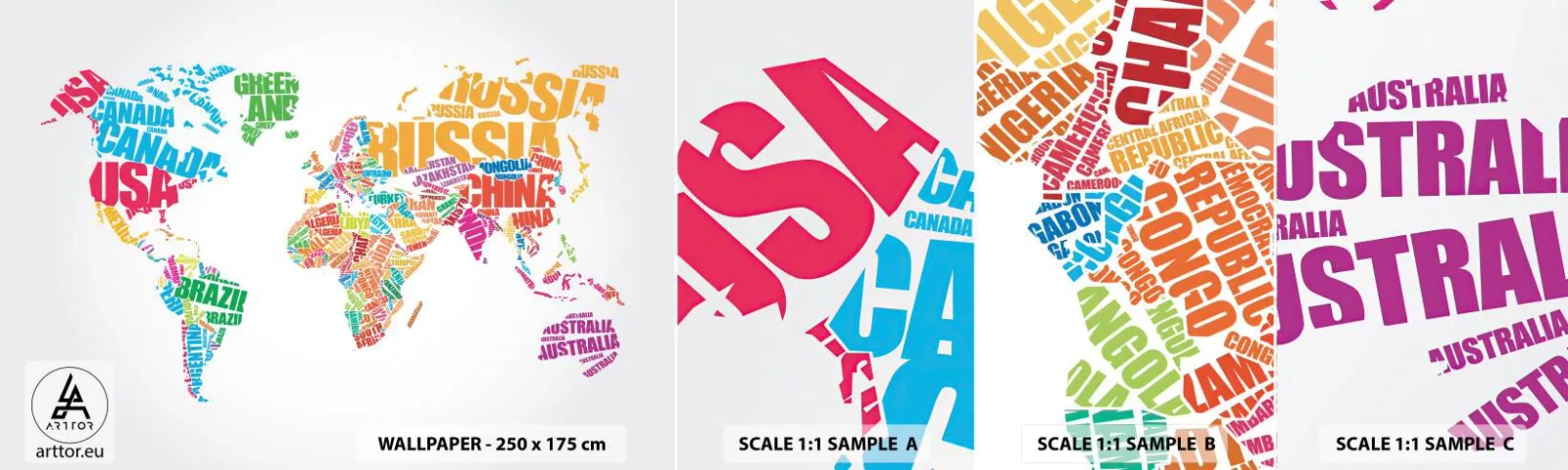 Fototapetenmuster Standard Eco - Ich möchte sie alle treffen - Weltkarte, Grafik, Kontinente - 100x30 cm