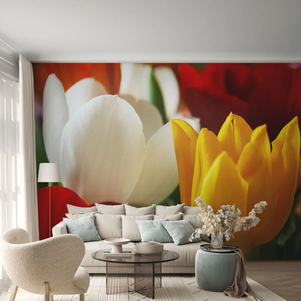 Fototapete Premium Sand - Bunte Tulpen Nahaufnahme - 100x70cm - Tulpenfieber - Moderne Wanddekoration für Wohnzimmer und Schlafzimmer ARTTOR