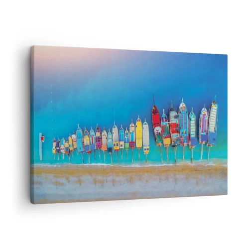 Bild auf Leinwand - Leinwandbild - Bunte Boote in einer Reihe am Ufer aufgereiht - 70x50cm - Aus der Vogelperspektive - Moderne Wanddekoration für Wohnzimmer und Schlafzimmer ARTTOR