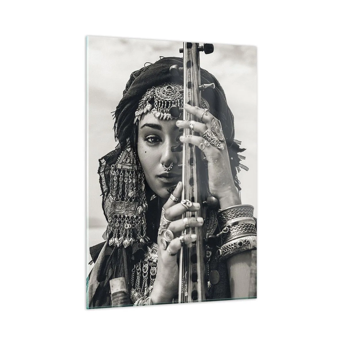 Glasbild - Bild auf glas - Frau mit orientalischem Schmuck und einem Instrument - 50x70cm - Die Musik des Orients selbst - Moderne Wanddekoration für Wohnzimmer und Schlafzimmer ARTTOR