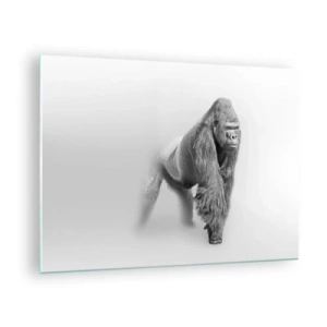Glasbild - Bild auf glas - Schwarz-Weiß-Porträt eines majestätischen Gorillas vor weißem Hintergrund - 70x50cm - Zuversichtlich in seiner Stärke - Moderne Wanddekoration für Wohnzimmer und Schlafzimmer ARTTOR