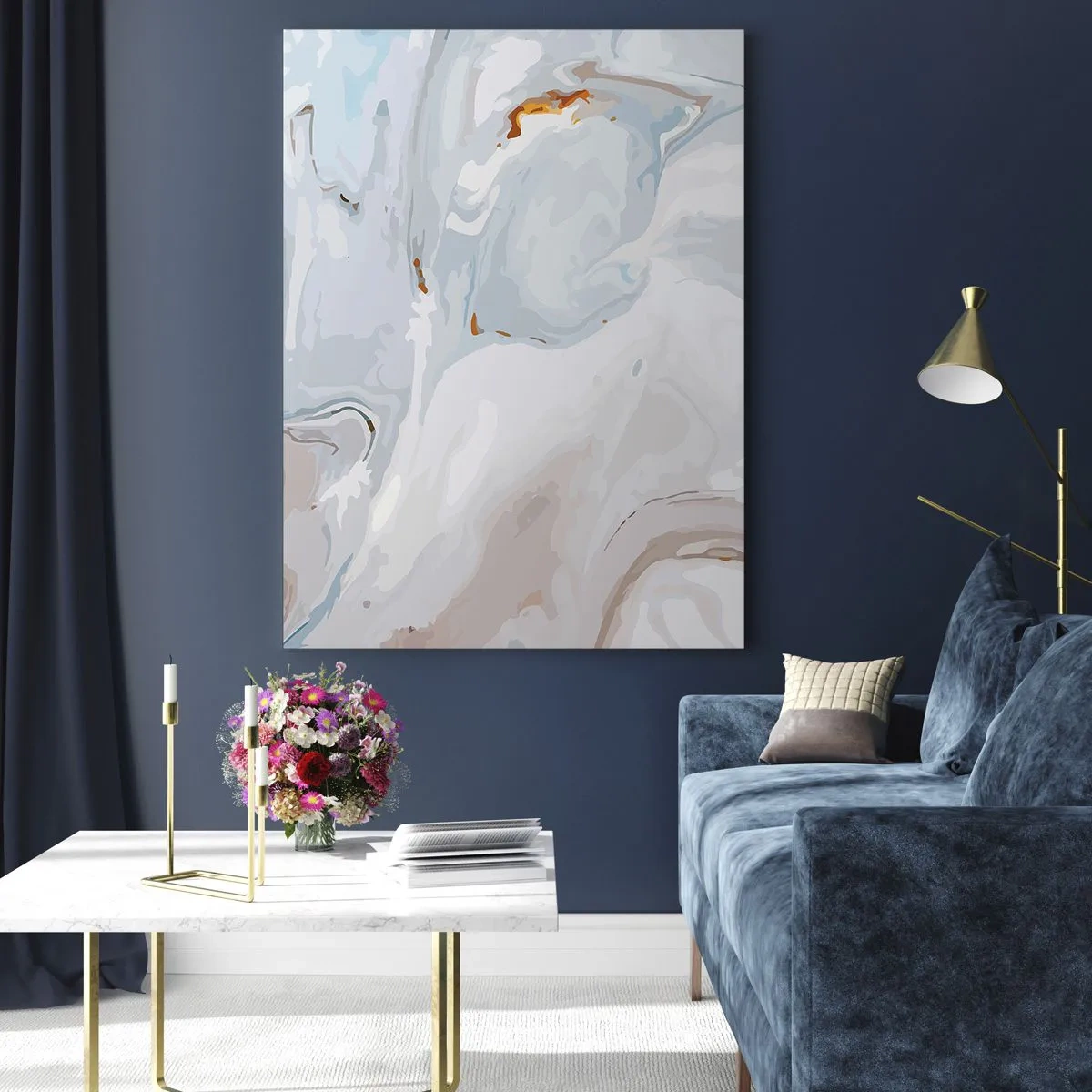 Glasbild - Bild auf glas - Ein dezentes Marmormuster in Blau- und Weißtönen - 50x70cm - Das Weiß wird erhoben - Moderne Wanddekoration für Wohnzimmer und Schlafzimmer ARTTOR