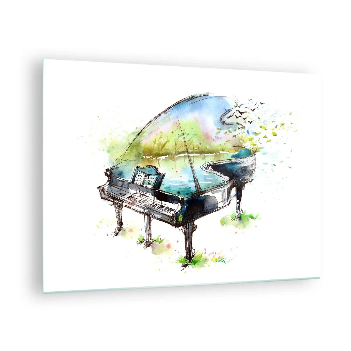 Glasbild - Bild auf glas - Aquarell eines Klaviers inmitten der Natur - 70x50cm - Von Musik verzaubert - Moderne Wanddekoration für Wohnzimmer und Schlafzimmer ARTTOR