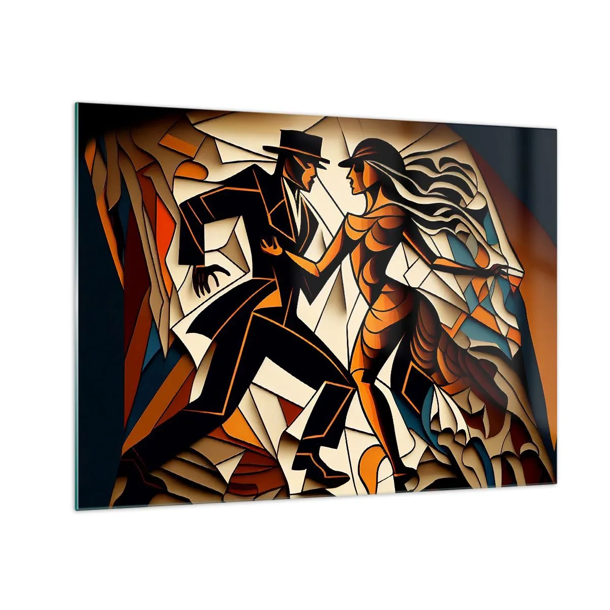 Glasbild - Bild auf glas - Ein stilisiertes Paar, das in einer dynamischen abstrakten Form tanzt. - 70x50cm - Tanz der Passion und Leidenschaft - Moderne Wanddekoration für Wohnzimmer und Schlafzimmer ARTTOR