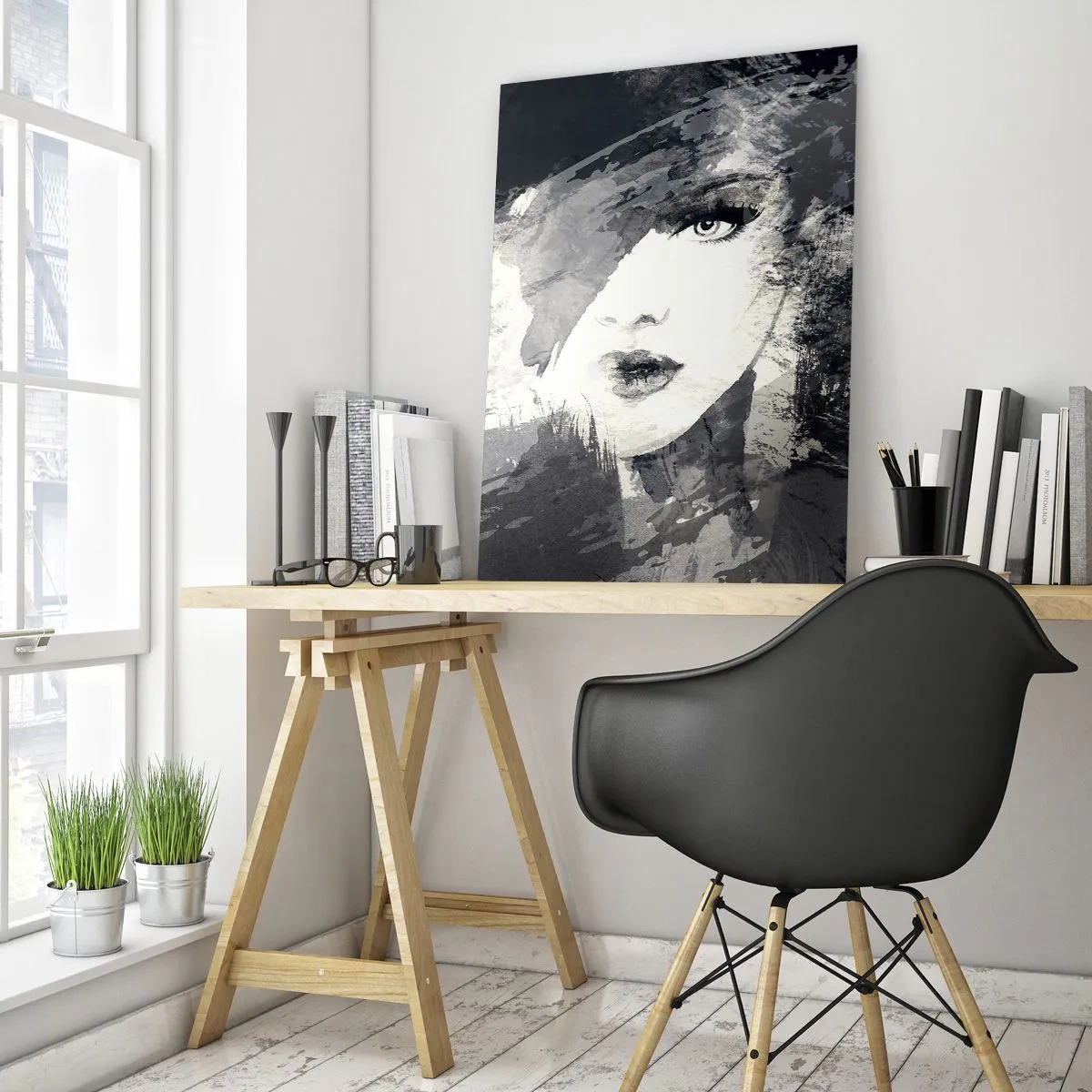 Glasbild - Bild auf glas - Das Gesicht einer Frau ist teilweise mit abstrakten grauen Flecken bedeckt. - 50x70cm - Hinter einem grauen Schleier - Moderne Wanddekoration für Wohnzimmer und Schlafzimmer ARTTOR
