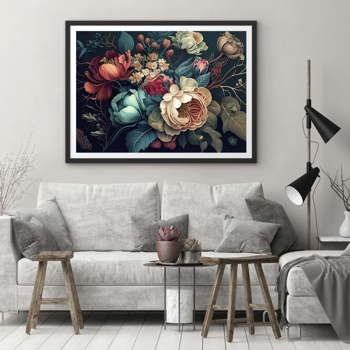 Poster in einem schwarzem Rahmen - Eine farbenfrohe Blumenkomposition auf dunklem Hintergrund - 70x50cm - Charme des 19. Jahrhunderts - Moderne Wanddekoration für Wohnzimmer und Schlafzimmer ARTTOR