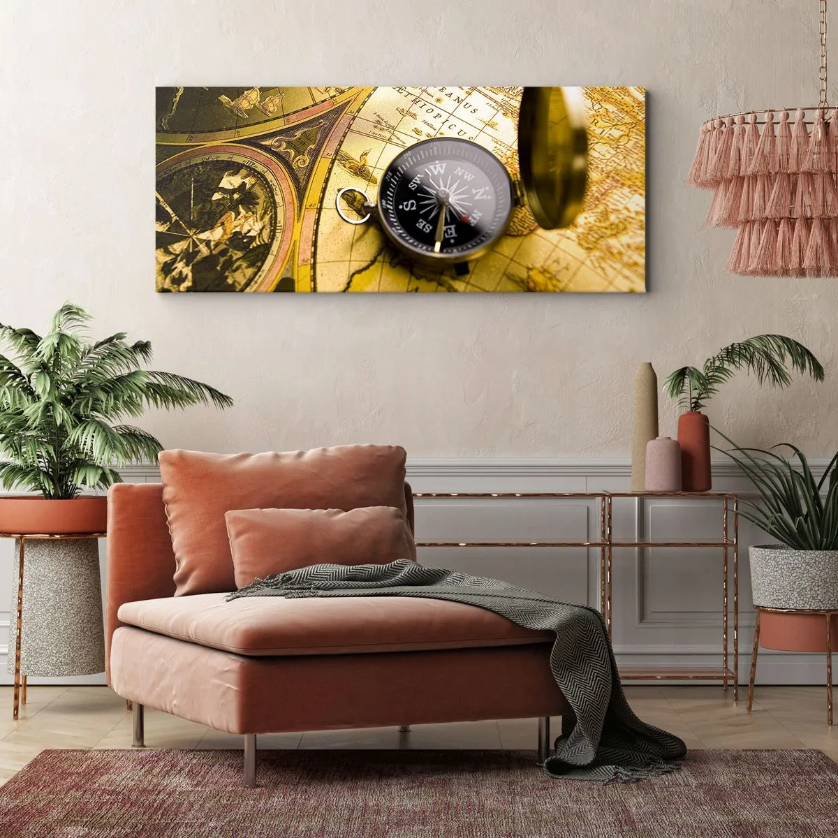 Bild auf Leinwand - Leinwandbild - Ein antiker Kompass vor dem Hintergrund einer alten Weltkarte - 140x50cm - Oder vielleicht bis ans Ende der Welt? - Moderne Wanddekoration für Wohnzimmer und Schlafzimmer ARTTOR