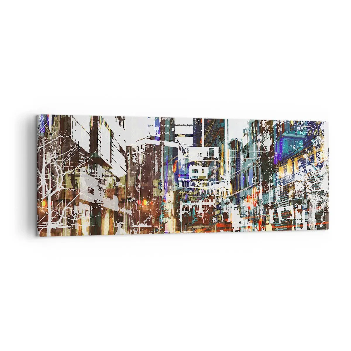 Bild auf Leinwand - Leinwandbild - Eine moderne Stadtlandschaft im künstlerischen Stil - 140x50cm - Eine schillernde Stadt - Moderne Wanddekoration für Wohnzimmer und Schlafzimmer ARTTOR
