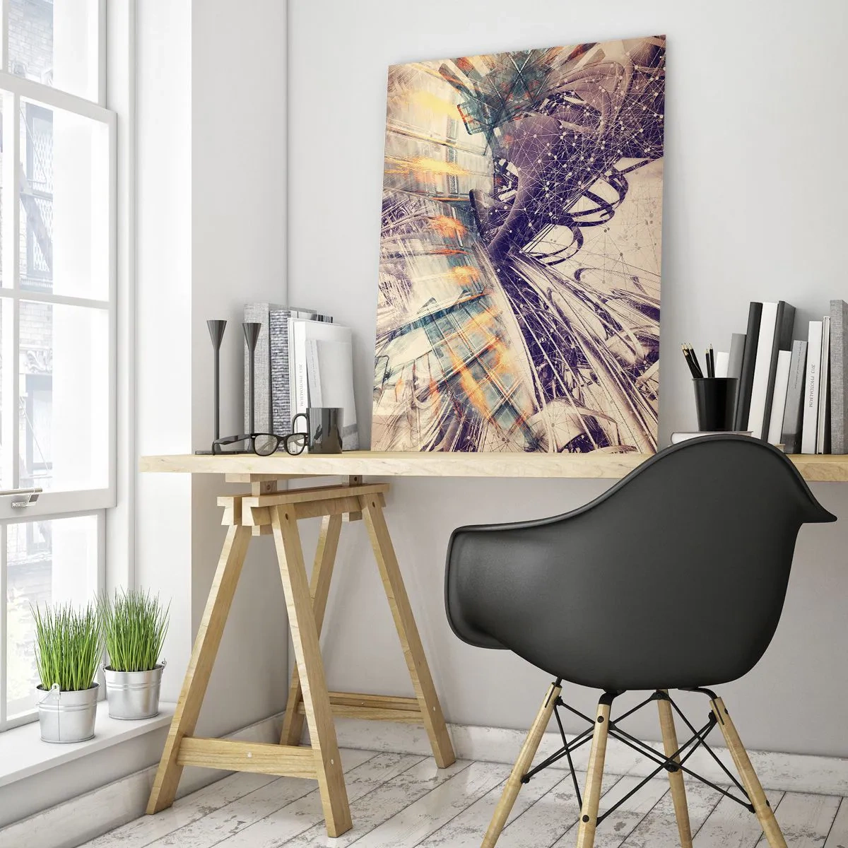 Glasbild - Bild auf glas - Dynamische Abstraktion in Beige- und Lilatönen - 70x100cm - In großer Eile - Moderne Wanddekoration für Wohnzimmer und Schlafzimmer ARTTOR