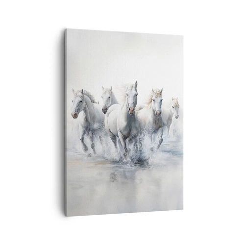 Bild auf Leinwand - Leinwandbild - Weiße Pferde galoppieren durch das Wasser - 50x70cm - Weiße Magie - Moderne Wanddekoration für Wohnzimmer und Schlafzimmer ARTTOR