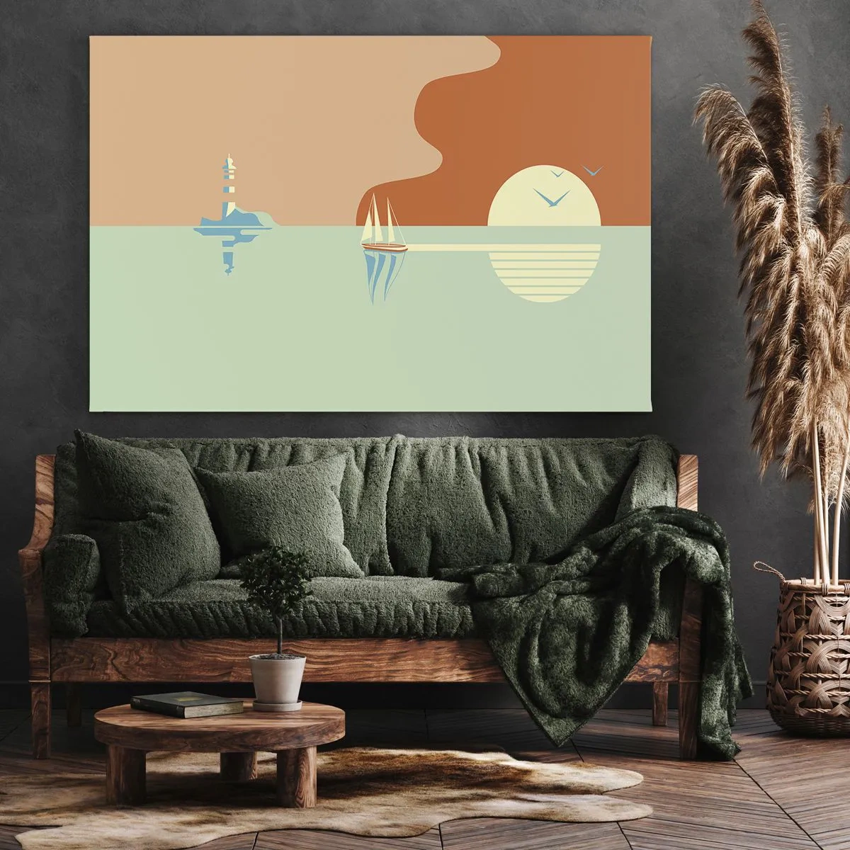 Bild auf Leinwand - Leinwandbild - Eine minimalistische Meereslandschaft mit einem Segelboot und einem Sonnenuntergang - 70x50cm - Die perfekte Meereslandschaft - Moderne Wanddekoration für Wohnzimmer und Schlafzimmer ARTTOR