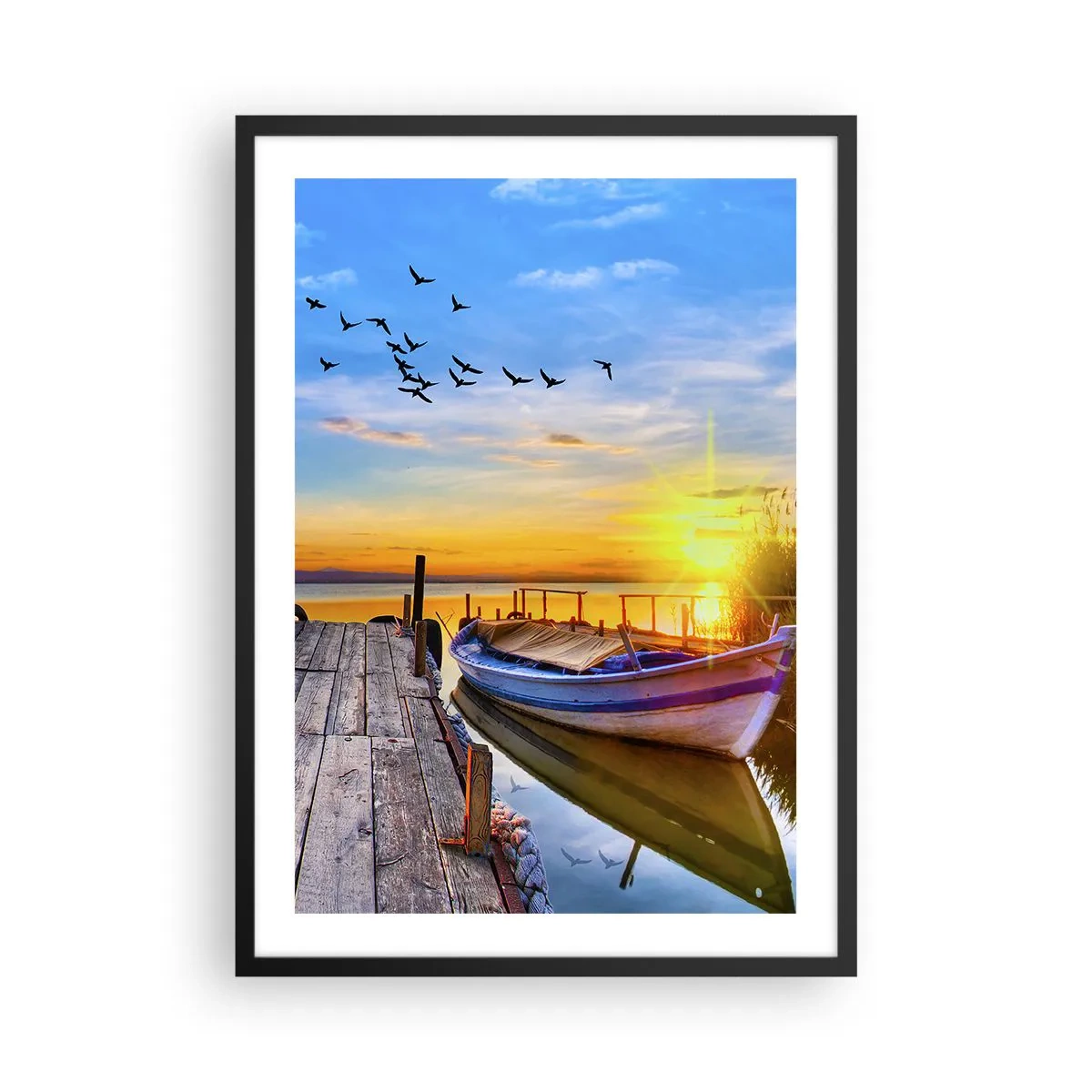 Poster in einem schwarzem Rahmen - Ein Boot auf einem See bei Sonnenuntergang mit Vögeln im Hintergrund - 50x70cm - Bis morgen - Moderne Wanddekoration für Wohnzimmer und Schlafzimmer ARTTOR