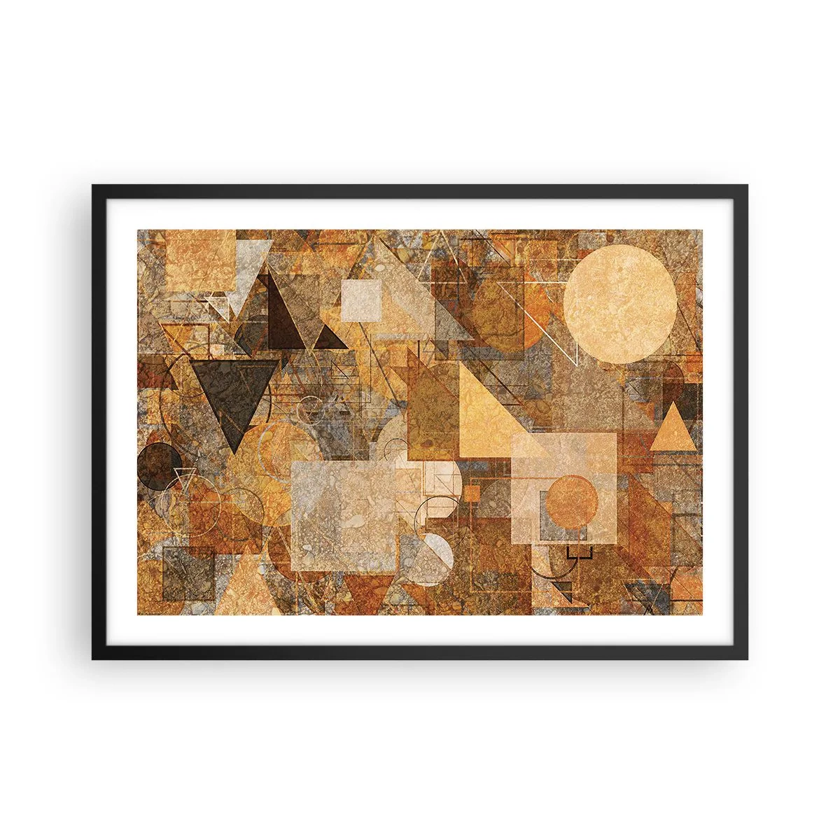 Poster in einem schwarzem Rahmen - Abstrakte geometrische Figuren in warmen Farbtönen - 70x50cm - Eine kubistische Studie aus Bronze - Moderne Wanddekoration für Wohnzimmer und Schlafzimmer ARTTOR