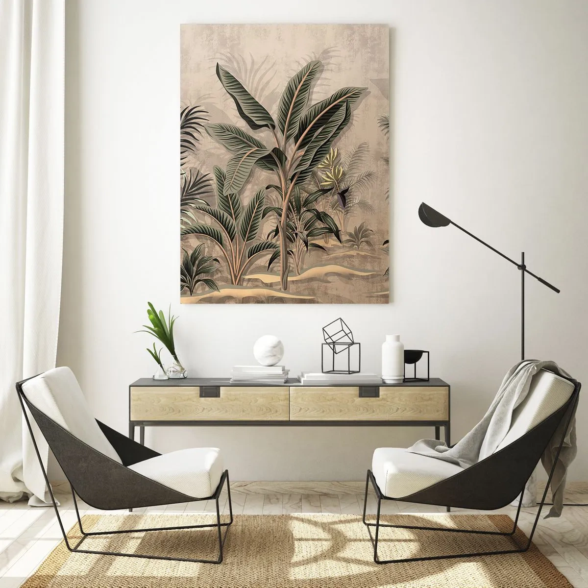 Glasbild - Bild auf glas - Palmen und tropische Vegetation in Grüntönen auf beigem Hintergrund - 70x100cm - Eine Gravur im Kolonialstil - Moderne Wanddekoration für Wohnzimmer und Schlafzimmer ARTTOR