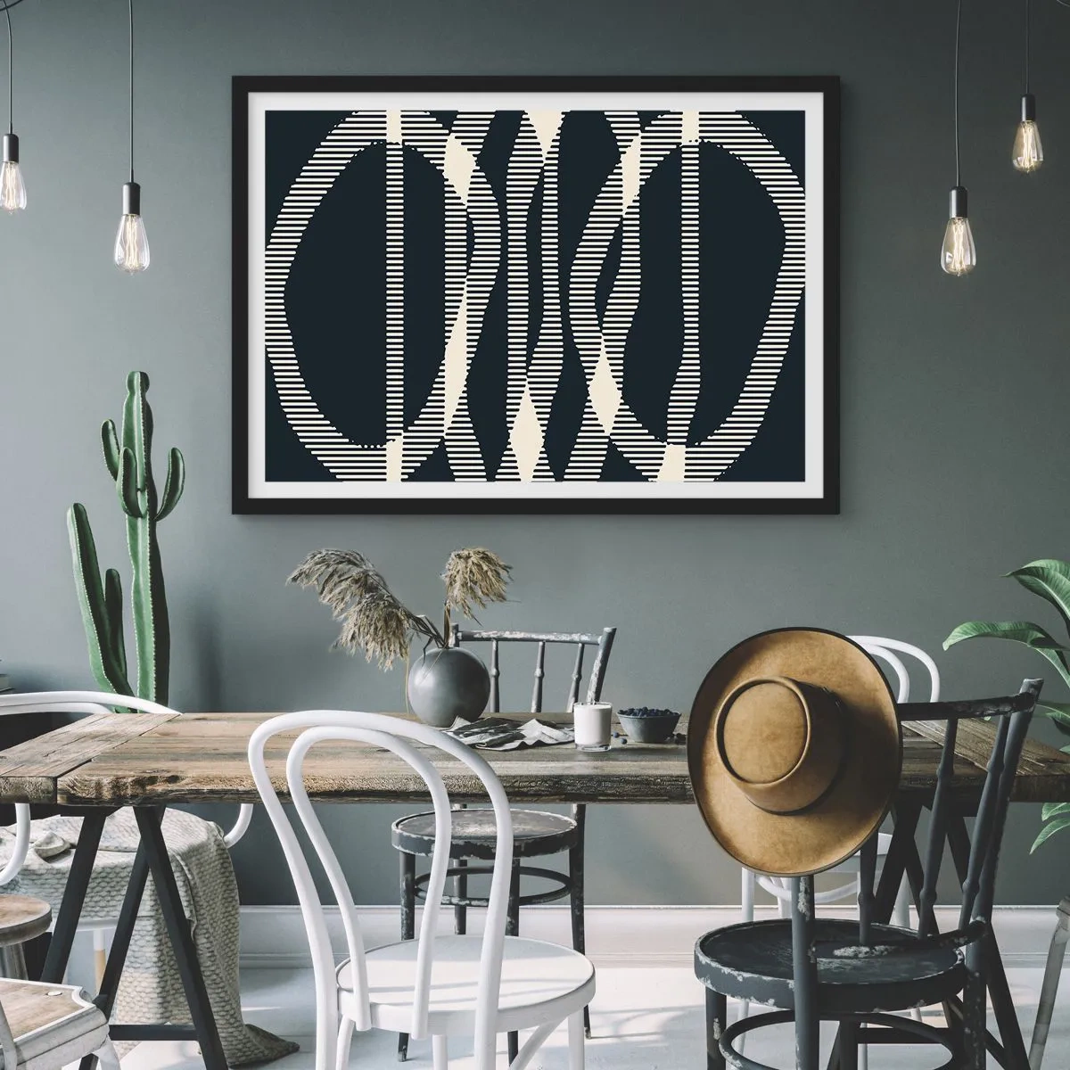 Poster in einem schwarzem Rahmen - Geometrische Linien in hellen Farbtönen auf dunklem Hintergrund - 100x70cm - Ein Versuch, die Dunkelheit zu durchbrechen - Moderne Wanddekoration für Wohnzimmer und Schlafzimmer ARTTOR
