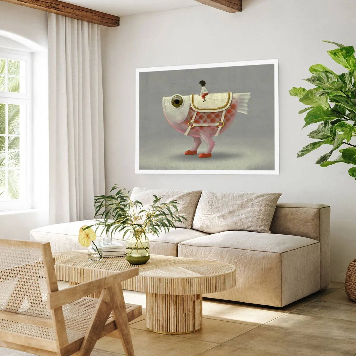 Poster - Ein schicker Fischreiter mit Beinen und Sattel - 100x70cm - Reiter auf einem surrealen Fisch - Moderne Wanddekoration für Wohnzimmer und Schlafzimmer ARTTOR
