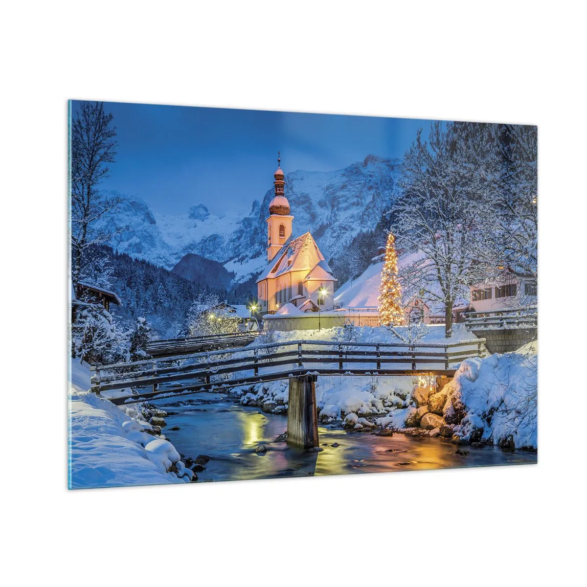 Glasbild - Bild auf glas - Weihnachtslandschaft in winterlicher Kulisse - 100x70cm - Weihnachtsgeist - Moderne Wanddekoration für Wohnzimmer und Schlafzimmer ARTTOR