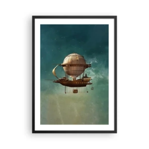 Poster in einem schwarzem Rahmen - Ein fantastisches Luftschiff, das zwischen den Sternen schwebt - 50x70cm - Jules Verne sagt Hallo - Moderne Wanddekoration für Wohnzimmer und Schlafzimmer ARTTOR